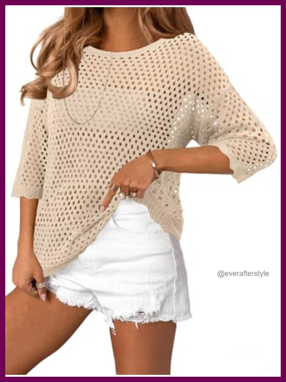Women's 3/4 Sleeve Hollow Out Crochet Pullover Beach Cover Up Sweater